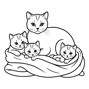Gemütliche Katzenmama mit ihren zwei süßen Kätzchen Malvorlage für kleine Kuschelfreunde