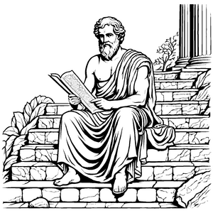 Nachdenklicher Philosoph auf Stufen mit Buch Ausmalmotiv für wissbegierige Geister auf Entdeckungsreise