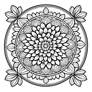 Fantasievolles Mandala mit blühendem Hauptmotiv Ausmalvorlage für lebhafte Farbentdecker und kleine Kunstgenies