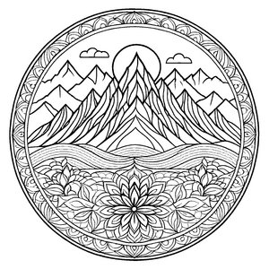 Mystisches Mandala mit majestätischem Bergpanorama Ausmalvorlage für inspirierte Farbenfanatiker und junge Traumbastler