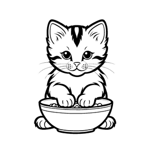 Bezaubernde Katze mit buntem Fisch in Schüssel Malvorlage für kreative Schlemmerabenteurer