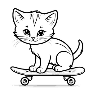 Skater Katze mit großen Augen und frechem Lächeln Malvorlage für coole Sprösslinge