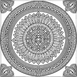 Kreatives Mandala mit harmonischen geometrischen Formen Malvorlage für erfinderische Fantasiebändiger und bunte Ideenstifter