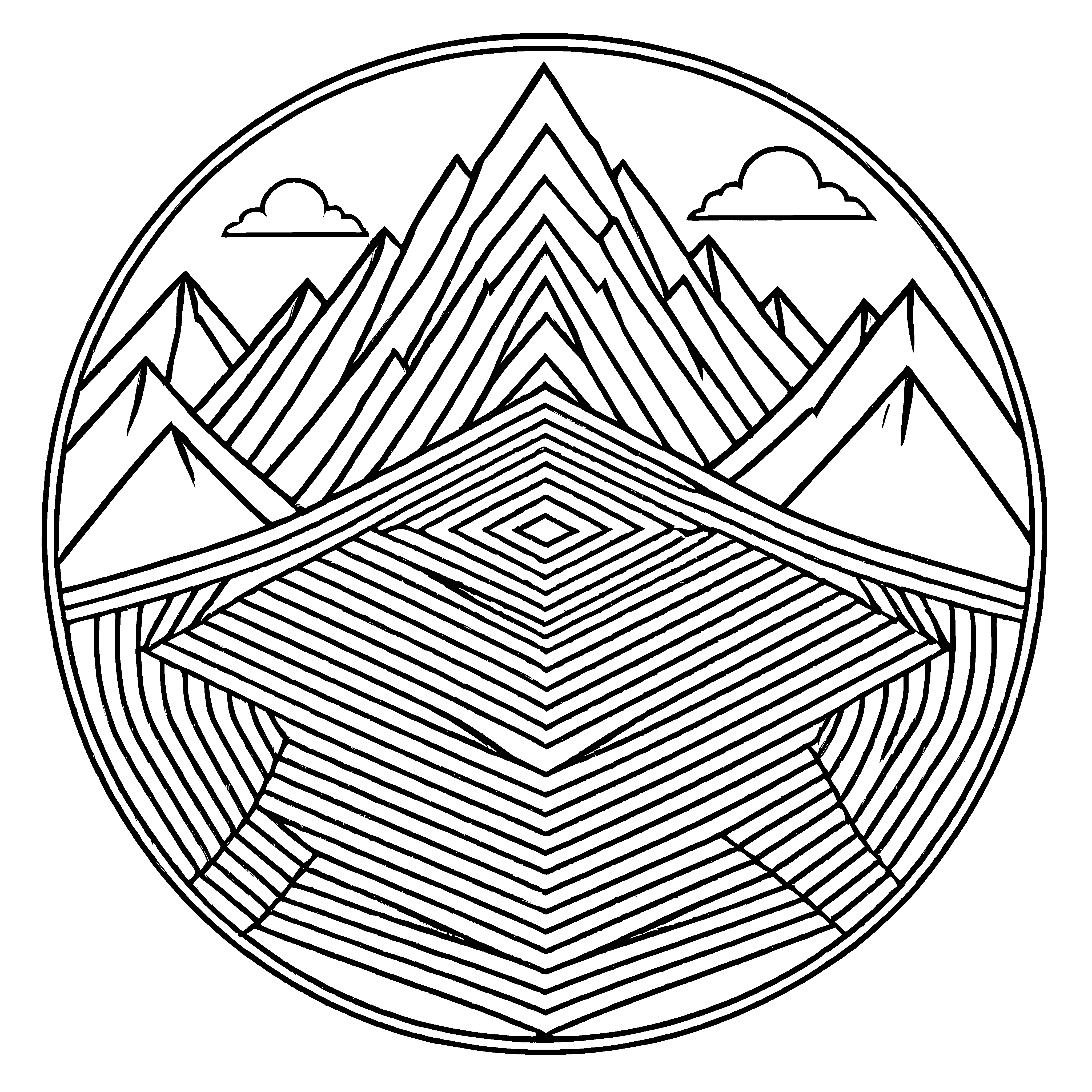 Inspirierendes Mandala mit Berglandschaft und Wasser Ausmalmotiv für abenteuerlustige Farbenschöpfer und kleine Naturfreunde
