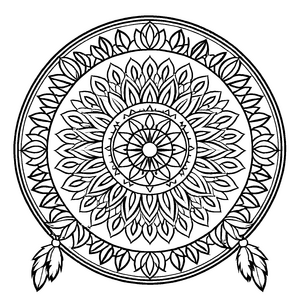 Filigranes Mandala mit Traumfänger und Federn Ausmalmotiv für mutige Farbzauberer und kleine Traumsucher
