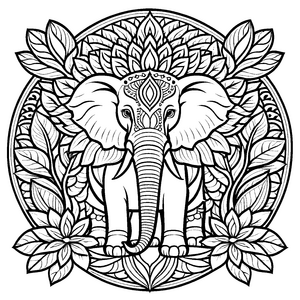 Wunderschönes Mandala mit Elefant und floralen Akzenten Ausmalvorlage für kleine Künstler und neugierige Musterfreunde