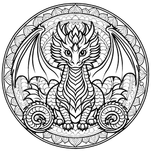 Mystisches Mandala mit dynamischem Drachen-Design Malvorlage für fantasievolle Farbzauberer und mutige Kreativköpfe