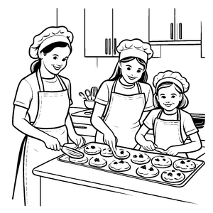 Drei kreative Bäckerinnen verzieren köstliche Plätzchen Ausmalmotiv für kleine Festtagskünstler