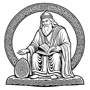 Keltische Figur mit Buch und faszinierenden Symbolen Ausmalbild für wissbegierige Kunstentdecker