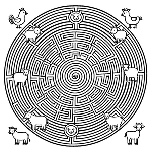 Faszinierendes Mandala mit tierischen Freunden und labyrinthartigen Mustern Malbild für kreative Entdecker und kleine Abenteuerlustige
