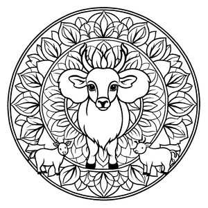 Zentraler Ziegen-Mandala mit zwei niedlichen Zicklein Ausmalbild für fantasievolle Tierliebhaber und kleine Kunstschaffende