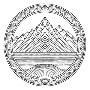 Faszinierendes Mandala mit majestätischer Berglandschaft Ausmalbild für abenteuerlustige Farbenthusiasten und kleine Naturfreunde