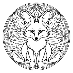 Fantasievolles Mandala mit niedlichem Fuchs in Blättern Ausmalmotiv für neugierige Farbengestalter und kleine Fox-Fans