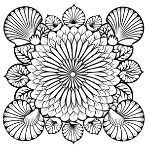 Kreatives Mandala mit kunstvollen Muscheln Ausmalmotiv für fantasievolle Entdecker und kleine Farbträumer