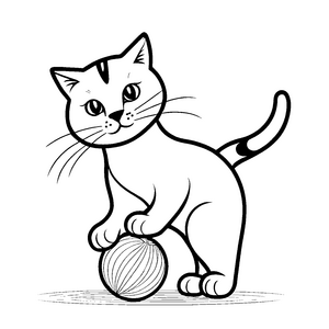 Kreative schwarz-weiße Katze mit Ballspiel Ausmalvorlage für junge Pfotenforscher