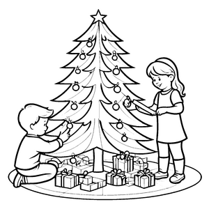 Festlich geschmückter Weihnachtsbaum mit neugierigen Kindern Ausmalvorlage für kleine Weihnachtsphantasten