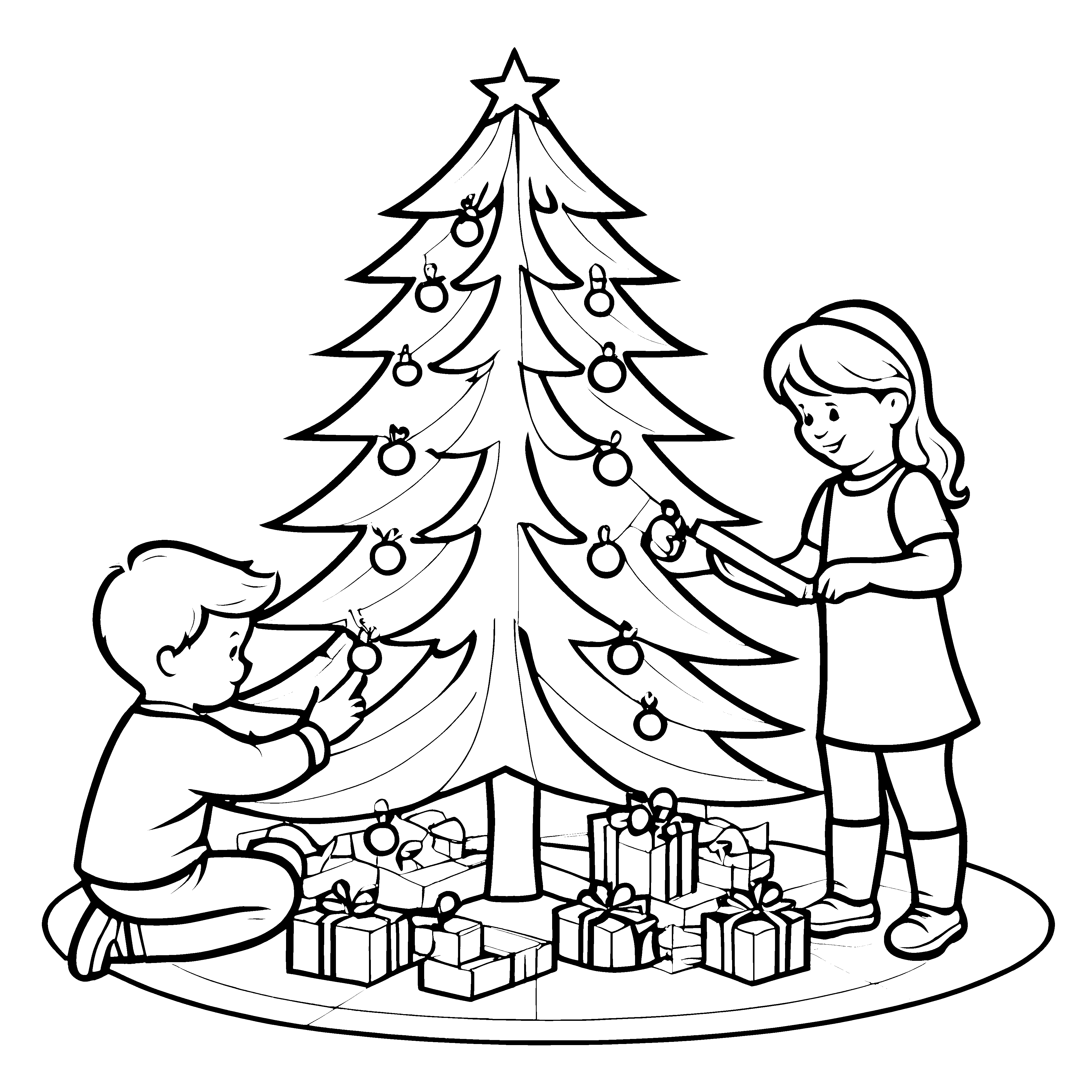 Festlich geschmückter Weihnachtsbaum mit neugierigen Kindern Ausmalvorlage für kleine Weihnachtsphantasten