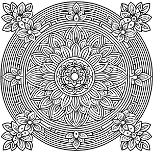 Faszinierendes Mandala mit floralen und geometrischen Mustern Ausmalvorlage für träumende Künstler und kleine Farbexperten