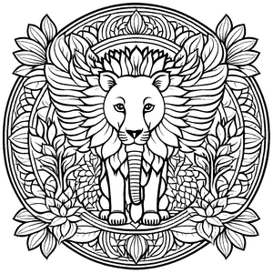 Majestätisches Mandala mit kraftvollem Löwen und floralen Mustern Ausmalmotiv für kleine Naturforscher und mutige Farbenthusiasten