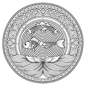 Magisches Mandala mit schwimmenden Fischen und feinen Ornamenten Ausmalvorlage für kleine Wasserliebhaber und fantasievolle Farbexperten