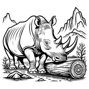Wundervolles Wollnashorn neben dem Baumstumpf Ausmalbild für neugierige Tierentdecker