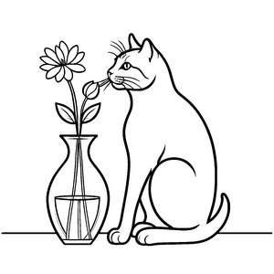 Neugierige Katze mit Nase im Blumenvasen-Motiv für junge Naturfreunde