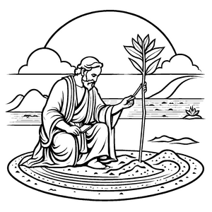 Sitzender Philosoph mit Hermes-Stab in der Wüste Ausmalvorlage für neugierige Denker bei großen Abenteuern