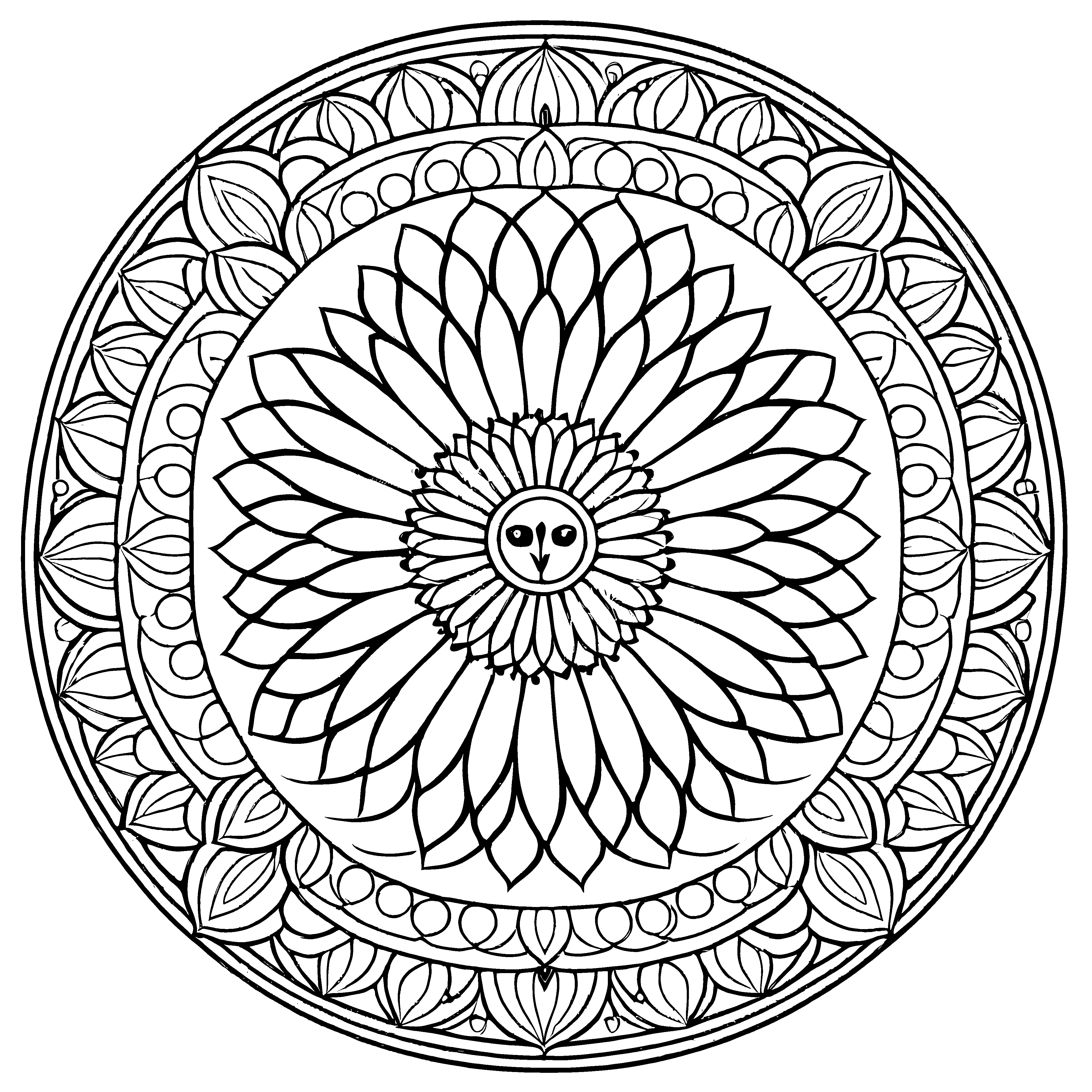 Faszinierendes Mandala mit stilisiertem Vogelgesicht Ausmalvorlage für farbenfrohe Künstler und neugierige Musterentdecker