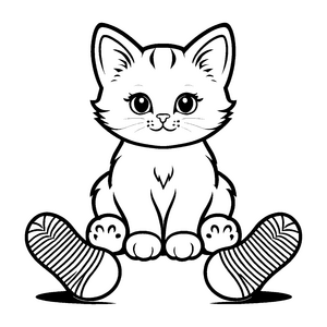 Freche Katze mit rosa Nase zwischen stylischen Boots Ausmalbild für neugierige kleine Entdecker