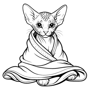 Wunderschöne Sphynx Katze eingekuschelt in weiches Tuch Ausmalbild für fantasievolle Tierliebhaber