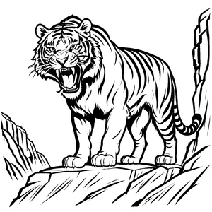 Säbelzahntiger mit schnurrendem Maul auf felsiger Umgebung Ausmalmotiv für fantasievolle Tierliebhaber