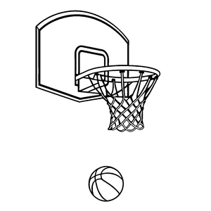 Spannender Basketballkorb mit durchfliegendem Ball Ausmalmotiv für kleine Champions