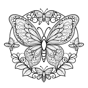 Bezauberndes Mandala mit filigranen Schmetterlingen im Design Ausmalvorlage für fantasievolle Farbengestalter und kleine Kunstentdecker