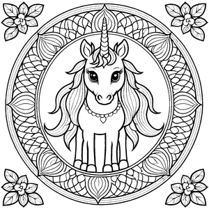 Fantasievolles Mandala mit majestätischem Einhorn Ausmalvorlage für abenteuerlustige Farbträumer und kleine Zauberkünstler