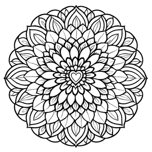 Fesselndes Mandala mit herzlichem Motiven Ausmalbild für fantasievolle Farbdesigner und kleine Herzenskünstler