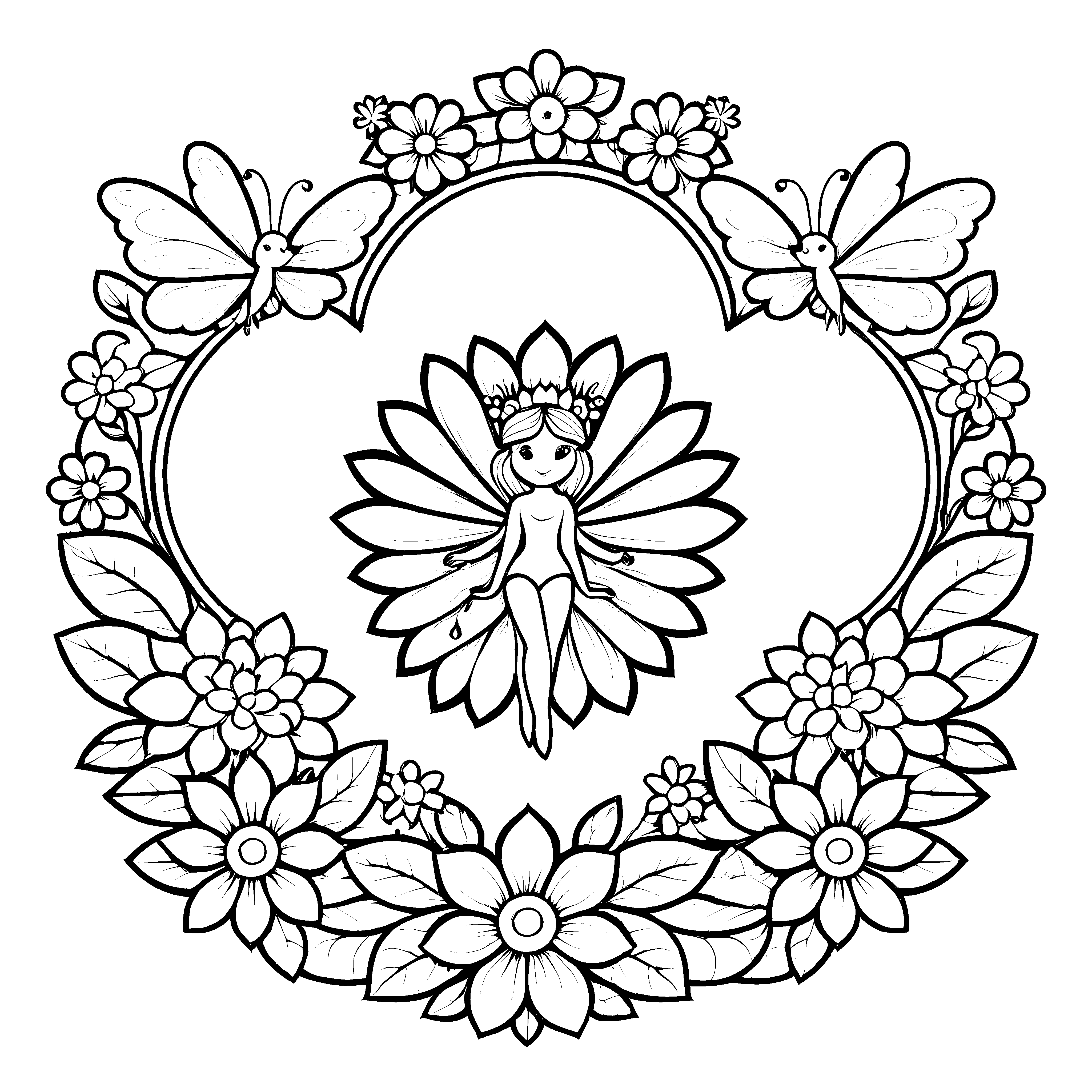 Faszinierendes Mandala mit geflügelter Frau und Blüten Ausmalbild für mutige Träumer und kreative Farbzauberer