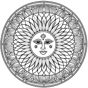 Strahlendes Mandala mit mystischem Sonnengesicht Malvorlage für fantasievolle Abenteurer und neugierige Farbzauberer