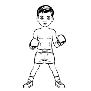 Energischer Junge mit Boxhandschuhen und Shorts Malvorlage für kleine Kämpferträumer