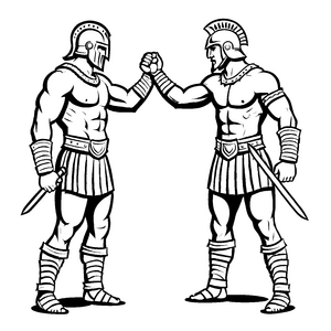 Zwei mutige Gladiatoren beim Handschlag Ausmalbild für kreative Abenteurer und geschickte Künstler