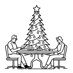 Gemütliches Spiel zwischen Freunden am Weihnachtsbaum Ausmalbild für heimliche Weihnachtszauberer