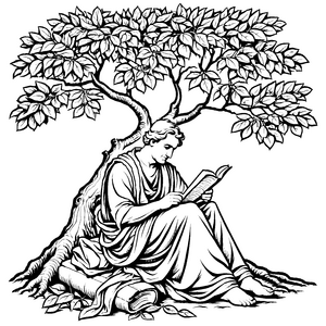 Nachdenklicher Griechischer Philosoph mit Buch unter Baum Ausmalvorlage für kleine Denker auf wissensreichen Entdeckungen