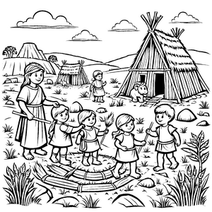Belebte Neolithische Familie vor einer Hüte Malvorlage für kleine Geschichtenerzähler