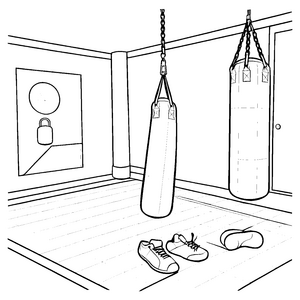 Farbenfroher Boxsack mit Fitnessschuhen Malvorlage für kleine Sporthelden