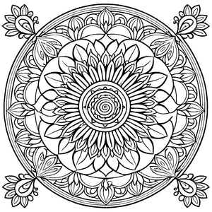 Verwirrendes Mandala mit blühenden Symbolen und geometrischen Formen Ausmalbild für träumende Farbzauberer und kleine Meditationskünstler