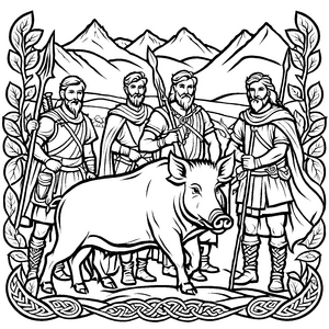 Faszinierender keltischer Krieger mit majestätischem Wildschwein Ausmalmotiv für tapfere Abenteuerer