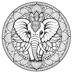 Majestätisches Mandala mit Elefant und dekorativen Symbolen Ausmalbild für neugierige Entdecker und kreative Bastler