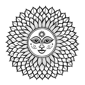 Strahlendes Mandala mit Sonne und mystischen Symbolen Ausmalmotiv für aufgeweckte Entdecker und kreative Träumer