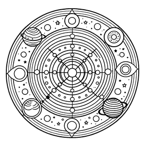 Faszinierendes Mandala mit Planeten und funkelnden Sternen Ausmalvorlage für neugierige Weltraumforscher und kleine Farbpoeten