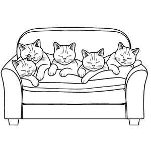Vier entspannte Britisch Kurzhaar Katzen auf Sofa Ausmalbild für kleine Kuschelkatzen-Fans