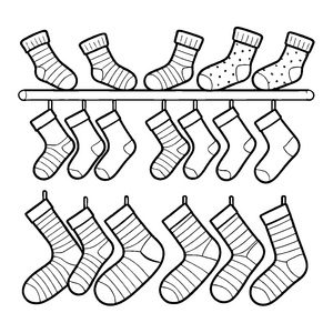 Sechzehn quirrlige Socken an einer Wäscheleine Ausmalbild für kleine Muster-Fans